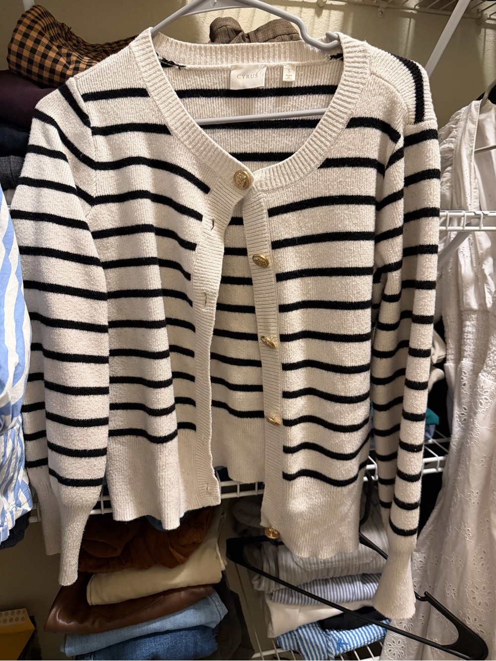 Cyrus Striped Crewneck Cardigan - Cream & Black with Gold Buttons